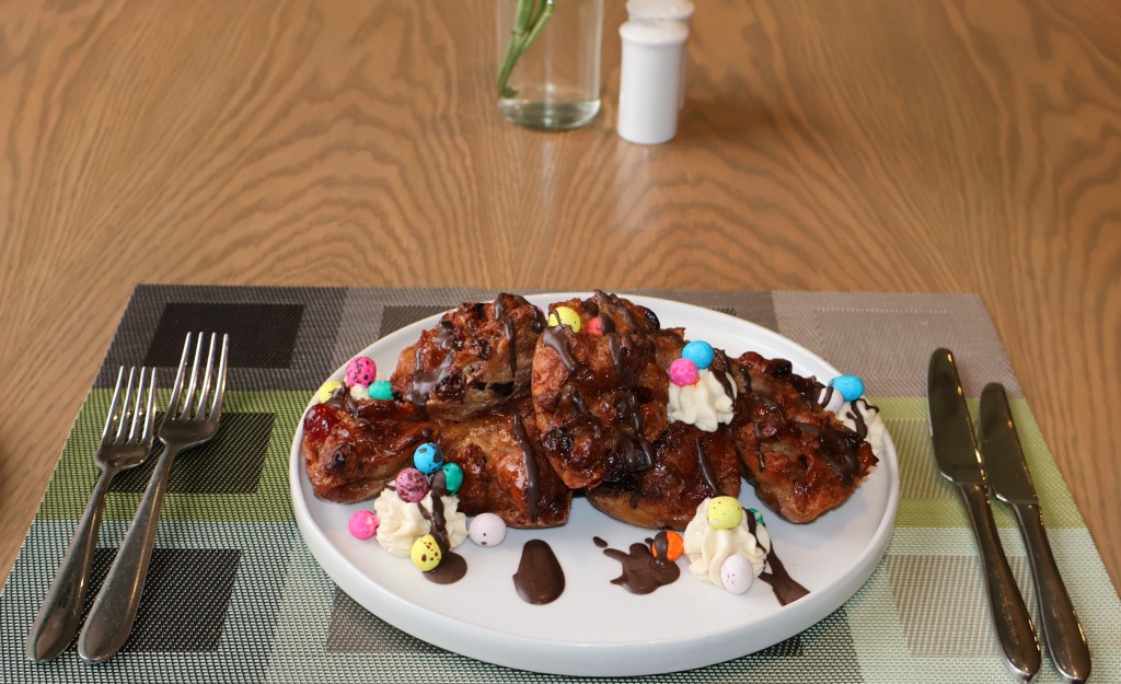 Easter Croissant Bread & Butter Pudding with Browned Butter, Speckled Eggs & Cream Cheese&nbsp;Chantilly