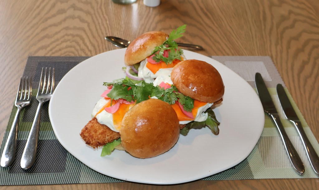 Mini Panko-Crumbed Fish Burgers with Pickled Carrot & Radish and Coriander&nbsp;Yoghurt